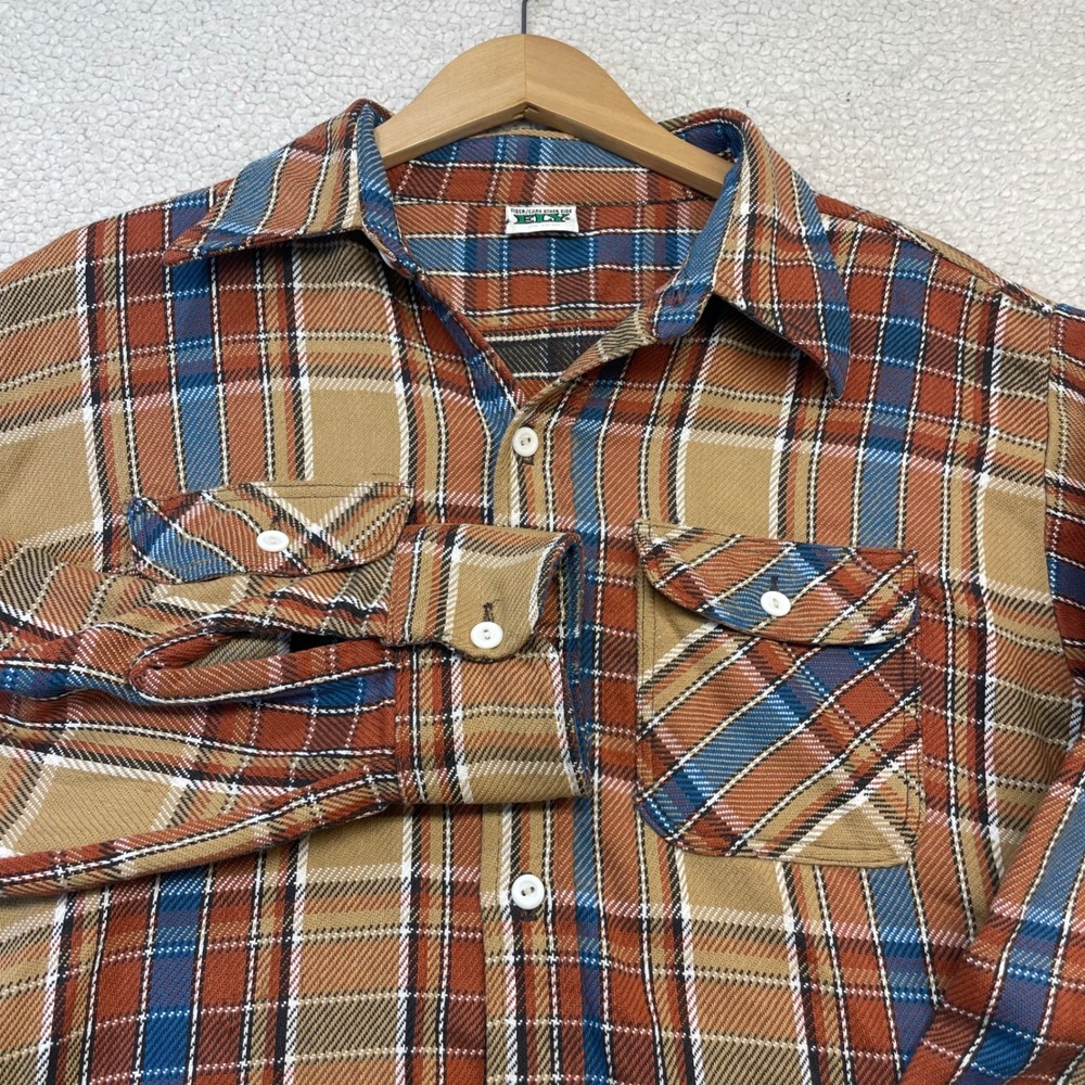 Ely Cattleman Shirt Mens L Tan Plaid Flannel Heavy Cotton Button Down Vintage